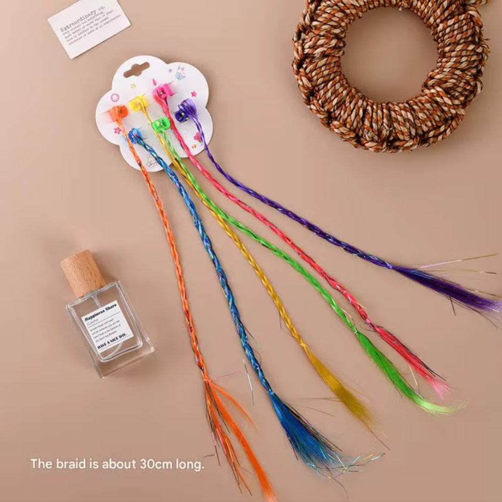 6 Pcs Kids Colorful Clip-In Braided Hair Extensions | Neon Synthetic Hairpiece Clips