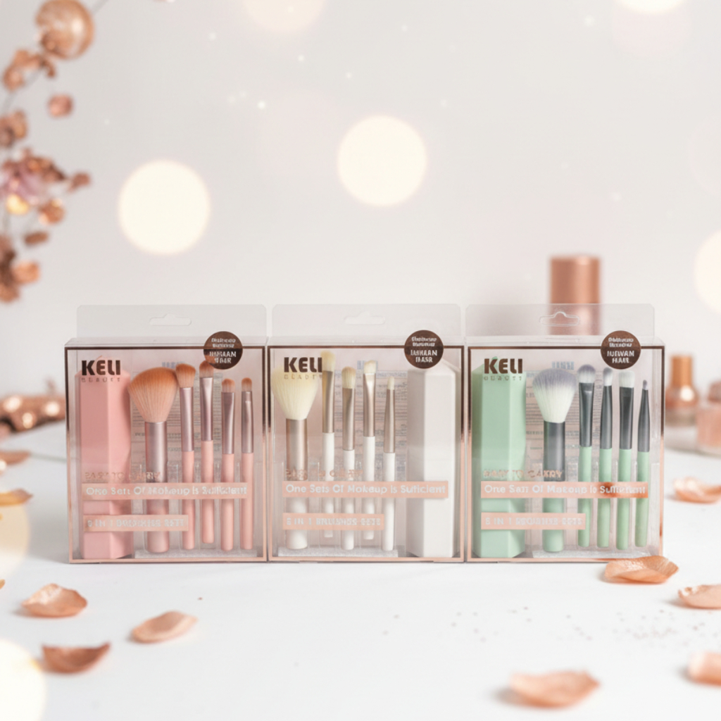Keli Beauty 5-in-1 Compact Makeup Brush Set With Travel Case – Portable "One Set Of Makeup Is Sufficient" Kit