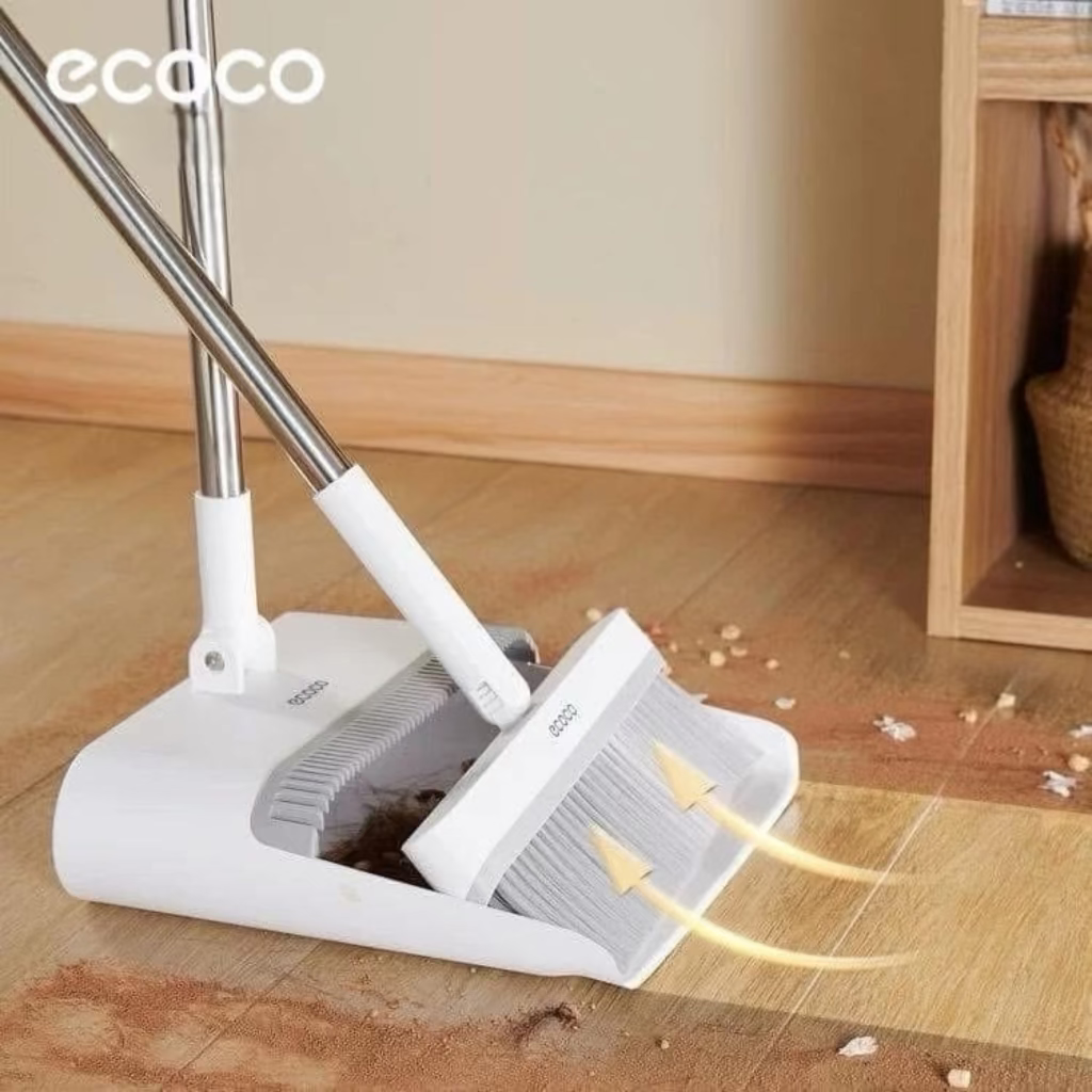 مجموعة مجرفة وفرشاة ذات مقبض طويل من Ecoco - مكنسة مريحة مقاس 90 سم مع دوران 360 درجة ومجرفة قابلة للطي