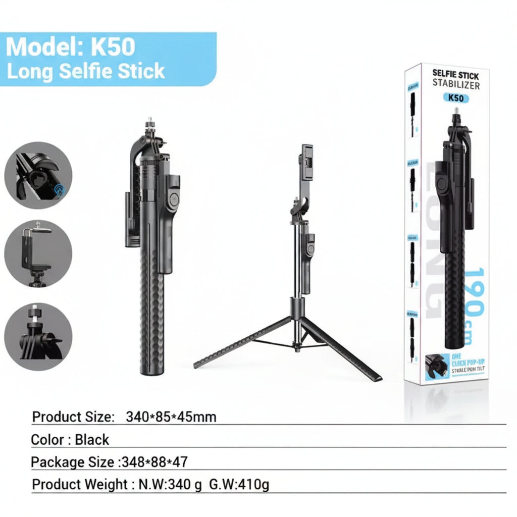 K50 Extendable Selfie Stick Stabilizer | 190cm Ultra-Long Phone Tripod & Gimbal