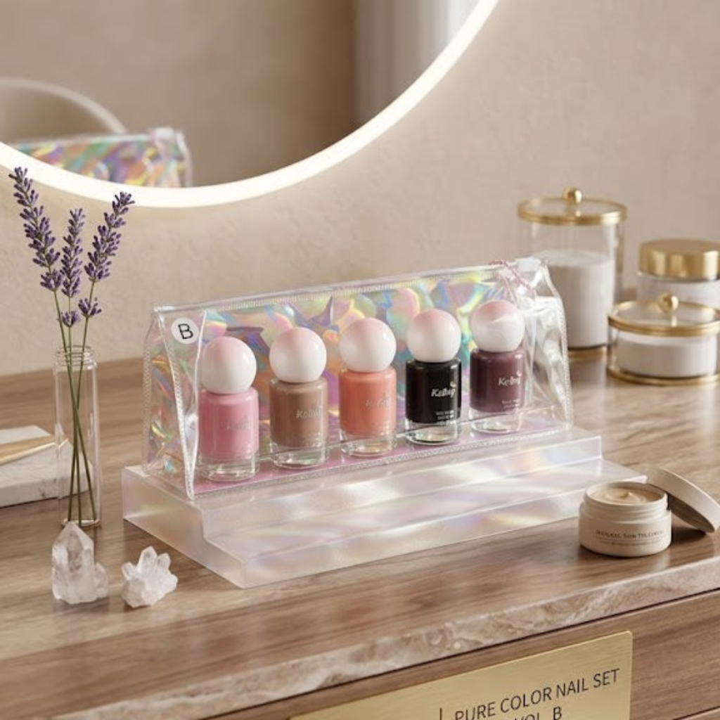 Keliny Premium 5-Piece Liquid Nail Polish Set – Multi-Color Shimmer & Matte Collection with Unique Ball-Shaped Ombre Caps and Iridescent Travel Pouch