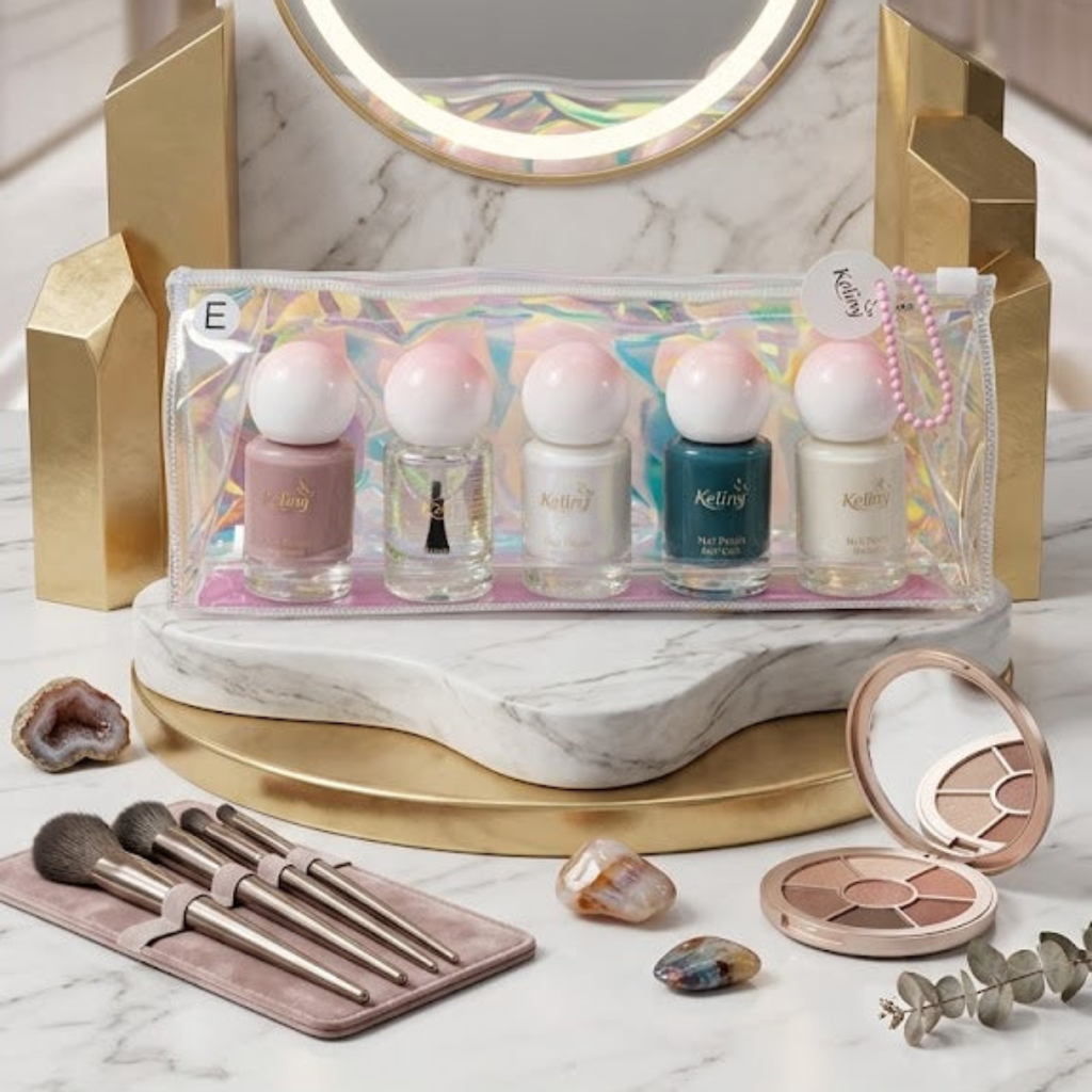Keliny Premium 5-Piece Liquid Nail Polish Set – Multi-Color Shimmer & Matte Collection with Unique Ball-Shaped Ombre Caps and Iridescent Travel Pouch