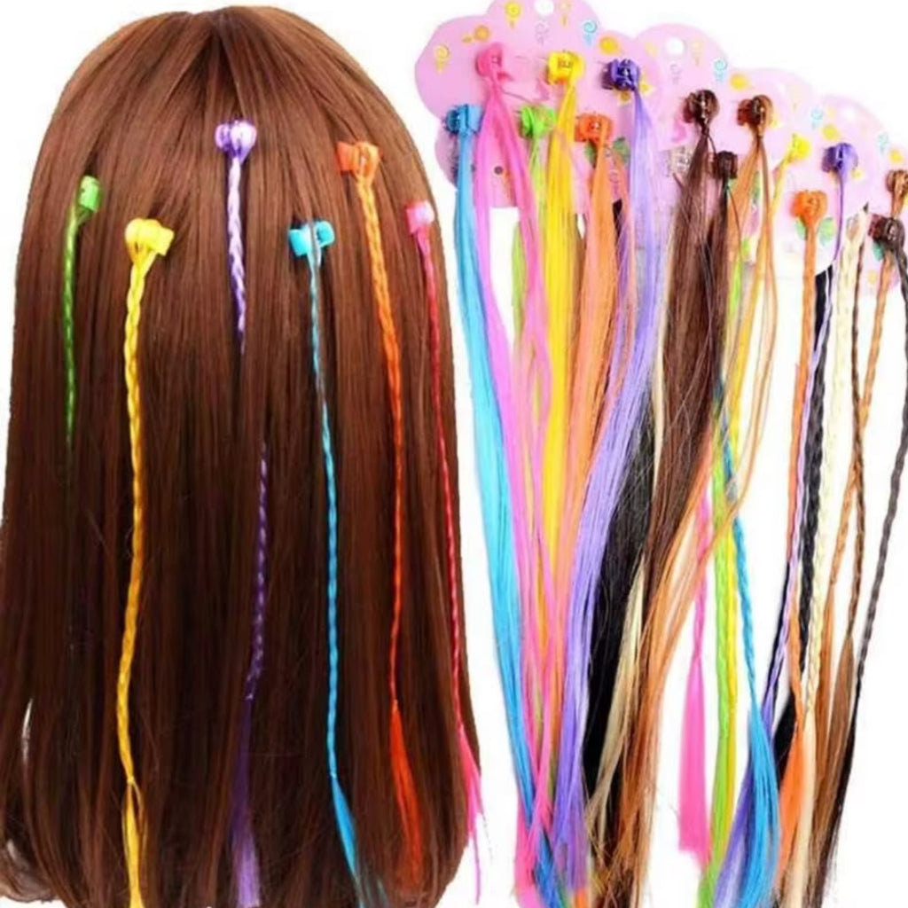 6 Pcs Kids Colorful Clip-In Braided Hair Extensions | Neon Synthetic Hairpiece Clips