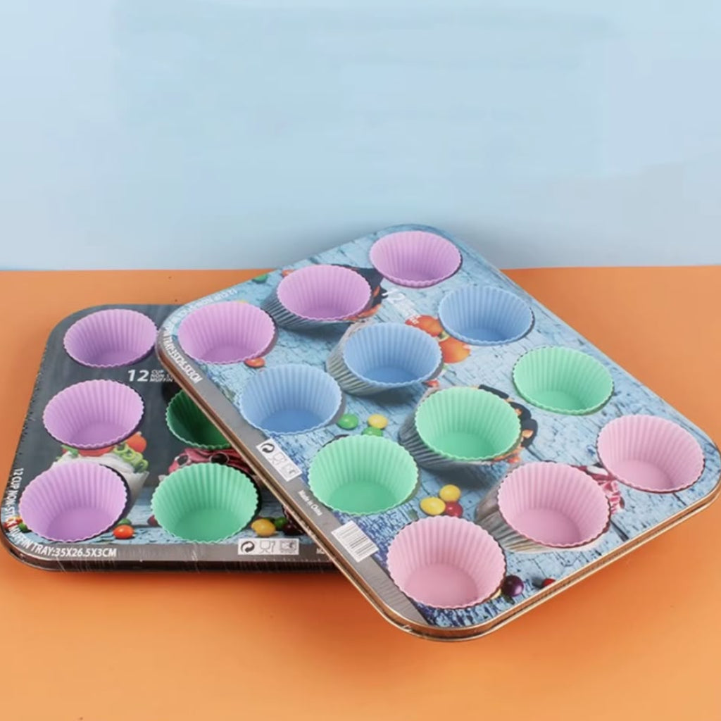 12-Cup Non-Stick Muffin Pan Set with Colorful Silicone Baking Liners