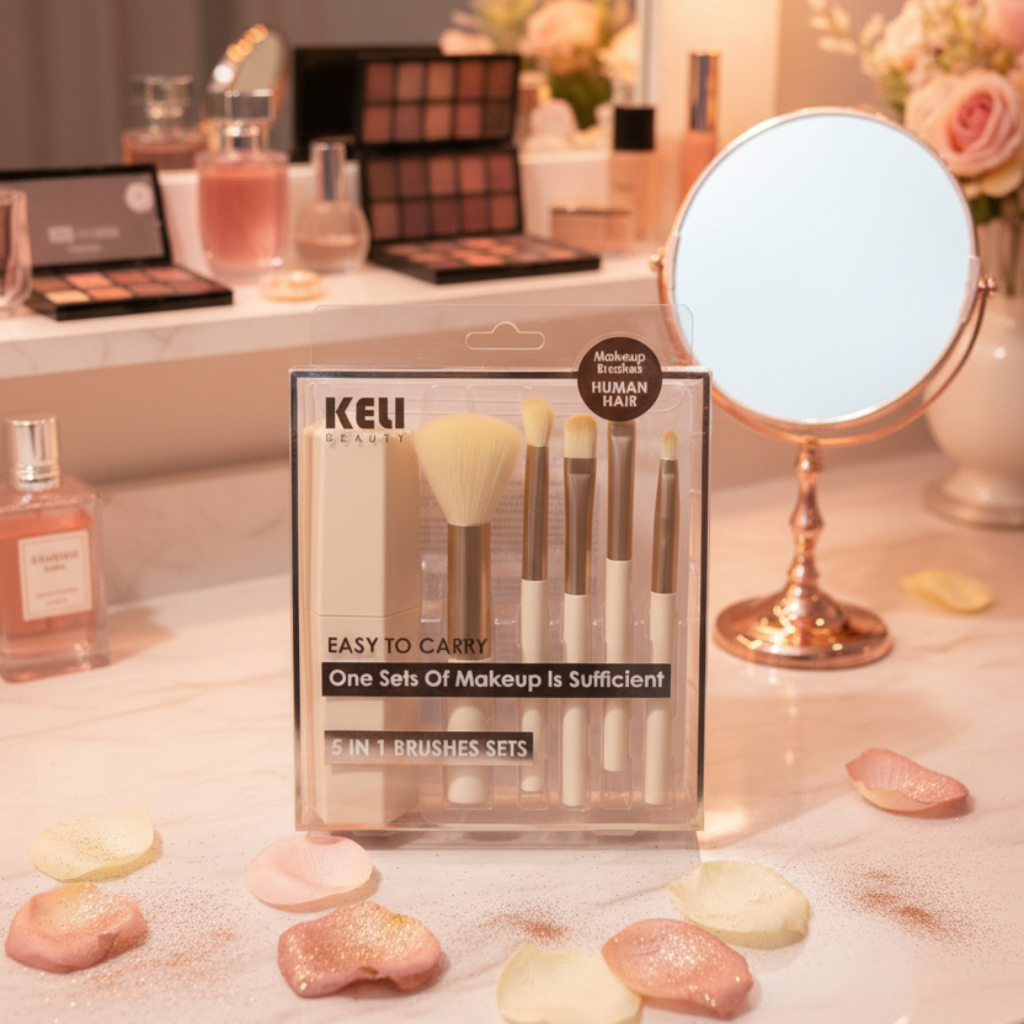 Keli Beauty 5-in-1 Compact Makeup Brush Set With Travel Case – Portable "One Set Of Makeup Is Sufficient" Kit