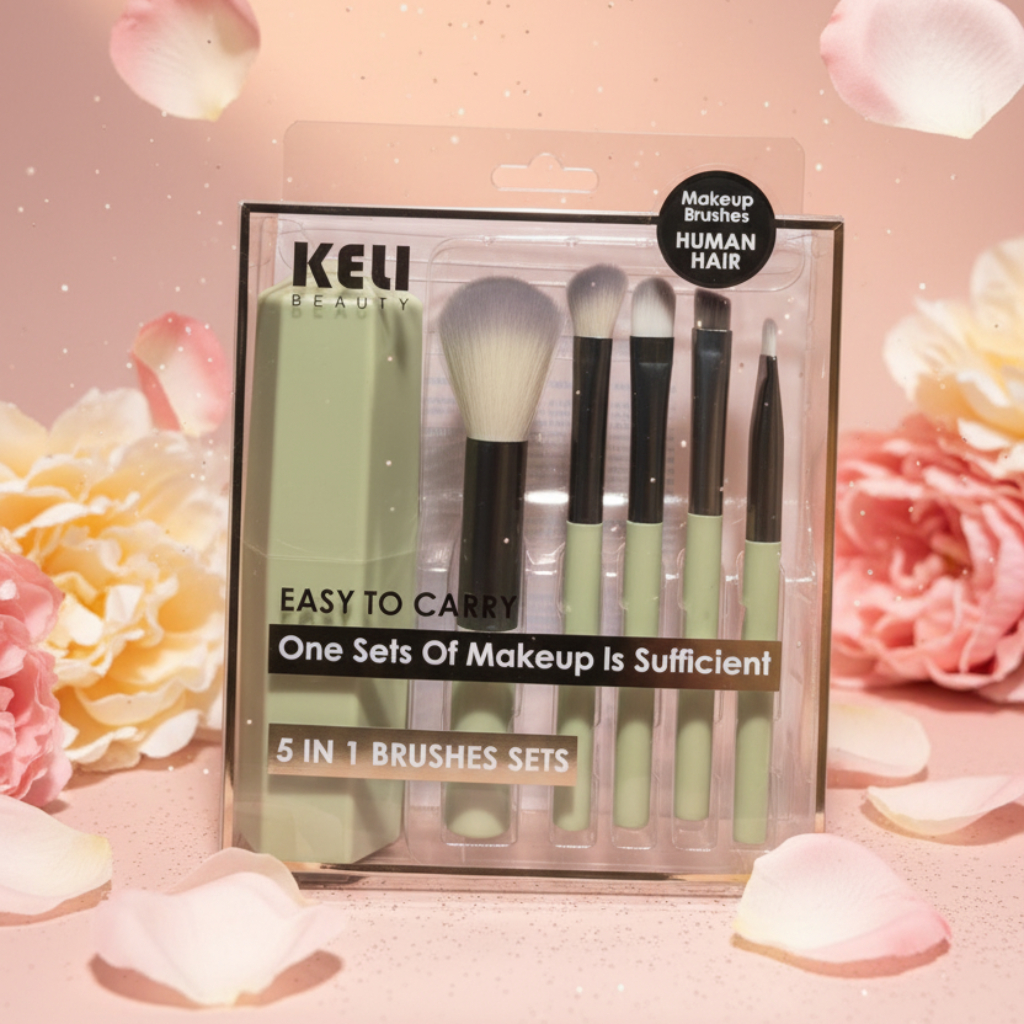 Keli Beauty 5-in-1 Compact Makeup Brush Set With Travel Case – Portable "One Set Of Makeup Is Sufficient" Kit