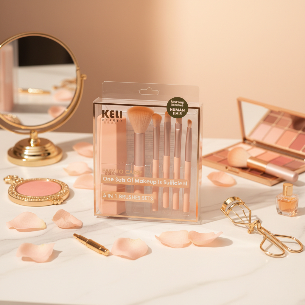 Keli Beauty 5-in-1 Compact Makeup Brush Set With Travel Case – Portable "One Set Of Makeup Is Sufficient" Kit