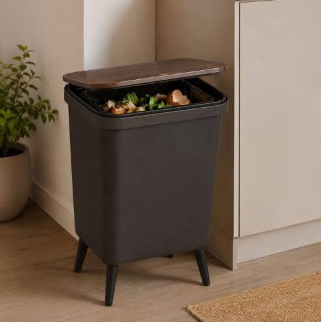 Black Trash Can Modern Minimalist Waste Basket with Wood-Grain Lid
