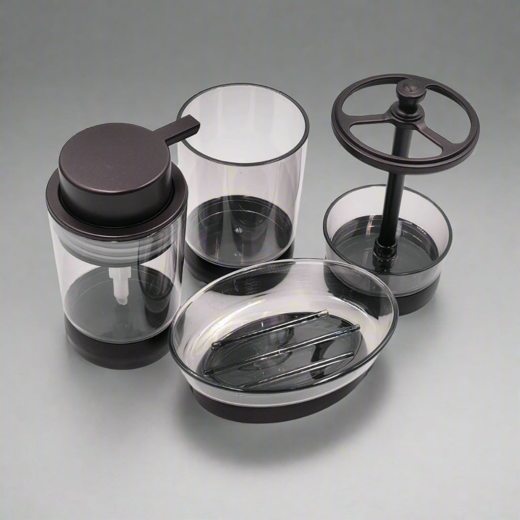 4-in-1 acrylic bathroom organizer set with soap dispenser, toothbrush holder,storage canister, toilet brush, and soap dish.