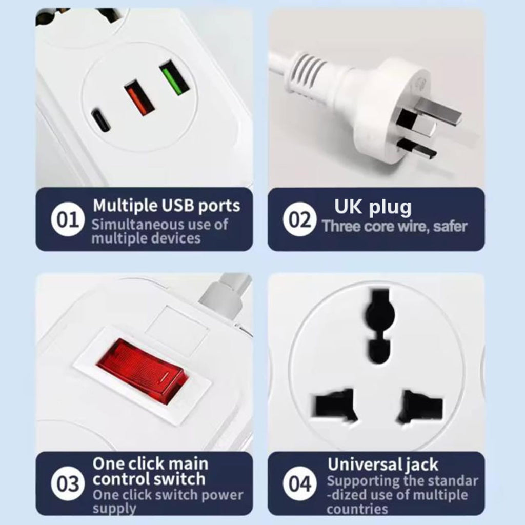 قطاع الطاقة مع 4 مآخذ يضم 2 موانئ USB-A و 1 USB-C ، متوافقة مع 220V-240V و 200 سم كابل ، بريطاني ، مناسبة للمنزل ، المطبخ ، في الهواء الطلق ، الفندق ، المكتب ، والإجازات الرحمية.