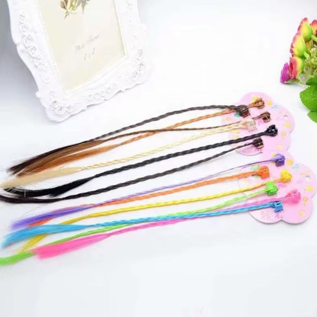 6 Pcs Kids Colorful Clip-In Braided Hair Extensions | Neon Synthetic Hairpiece Clips