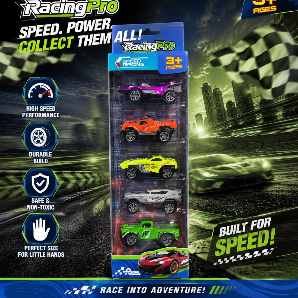 RacingPro 5-Piece Diecast Metal Toy Car Set – Multi-Color Racing Vehicles for Kids