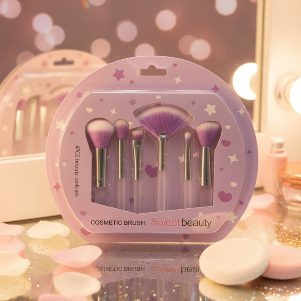 Sweet Beauty 6-Piece Cosmetic Brush Set – Pastel Travel-Friendly Makeup Tools