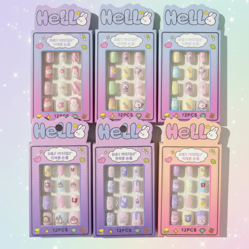 Hello Bunny Premium 12pc Kids Press-On Nail Kit – Cute Cartoon Animal & Dessert Theme Fake Nails Set for Children