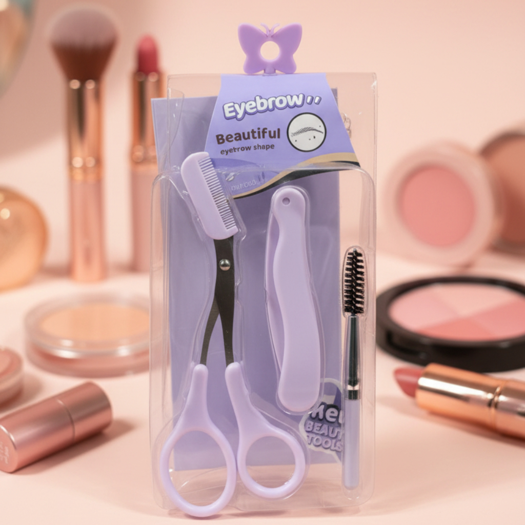 Joyful Natural 3-Piece Eyebrow Grooming Kit – Precision Scissors with Comb, Folding Shaper Razor, and Spoolie Brush Set