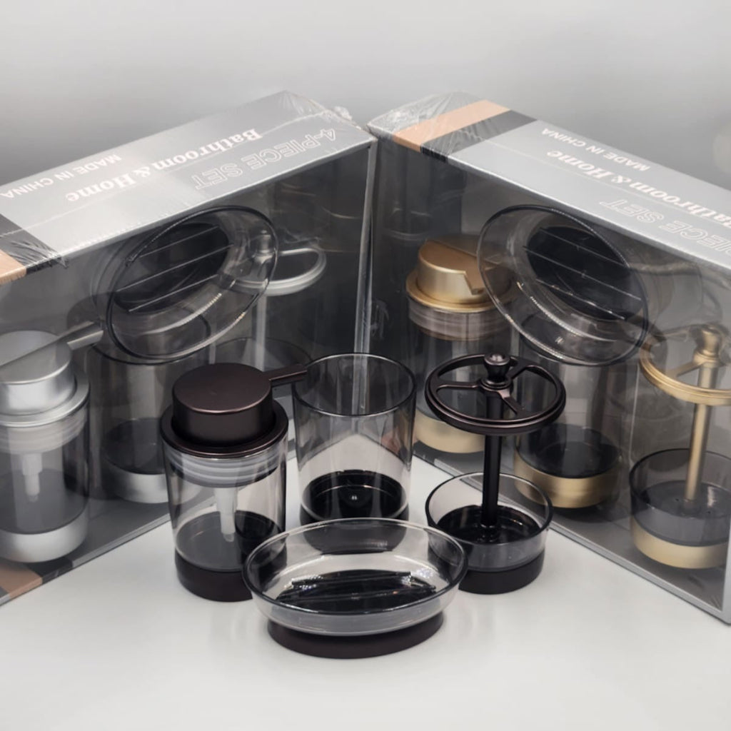 4-in-1 acrylic bathroom organizer set with soap dispenser, toothbrush holder,storage canister, toilet brush, and soap dish.