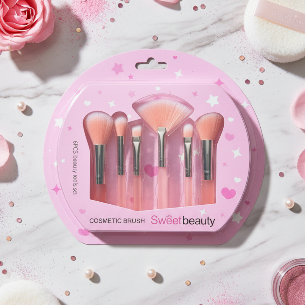 Sweet Beauty 6-Piece Cosmetic Brush Set – Pastel Travel-Friendly Makeup Tools