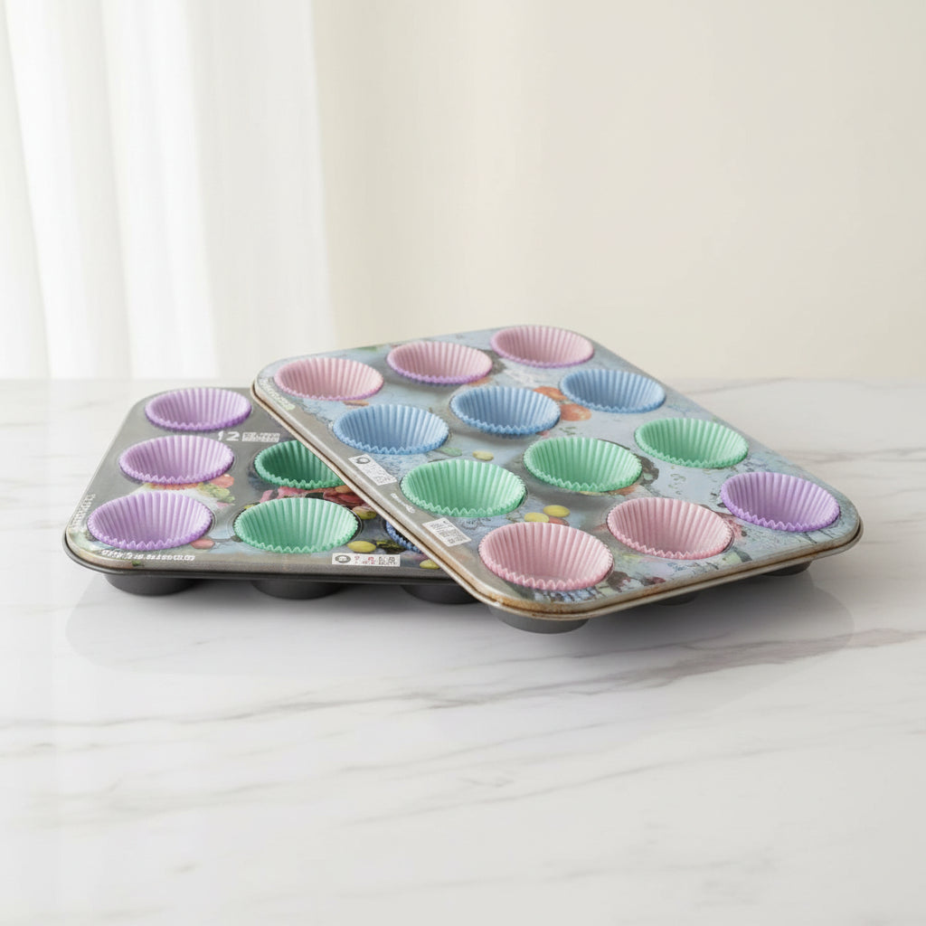 12-Cup Non-Stick Muffin Pan Set with Colorful Silicone Baking Liners