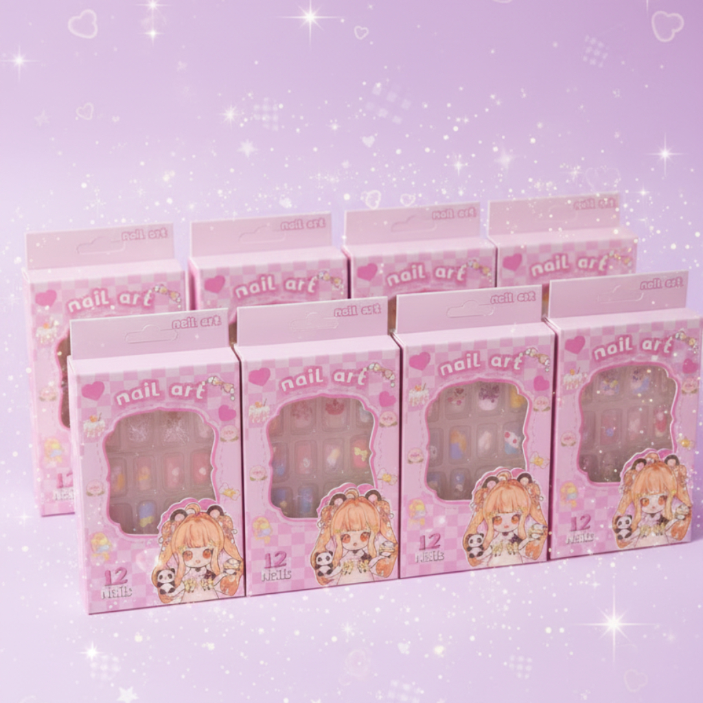 12pc Kids Press-On Nail Kit – Cute Cartoon Animal Theme False Nails Set for Children