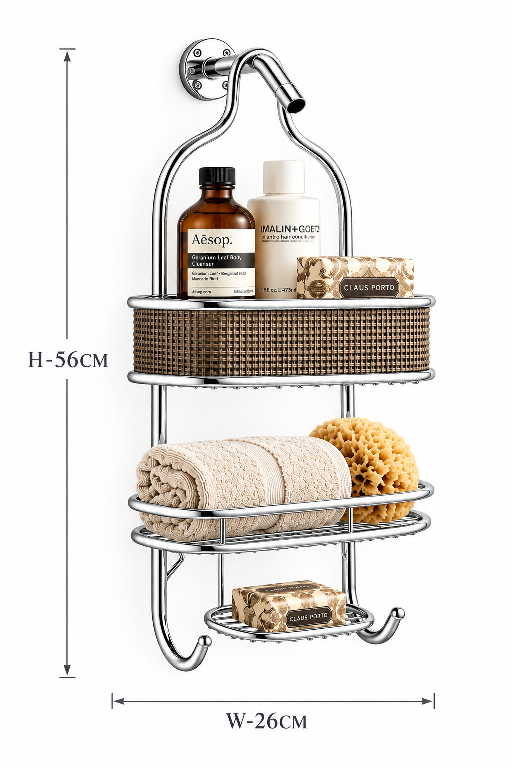 2-Tier Chrome Shower Caddy – Over-the-Shower-Head Organizer with Soap Dish & Hooks