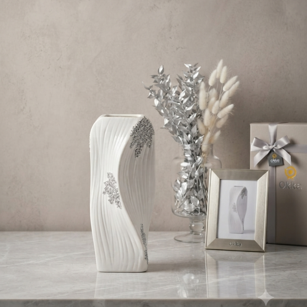 White & Silver Abstract Curved Ceramic Vase – Modern Decorative Home Accent