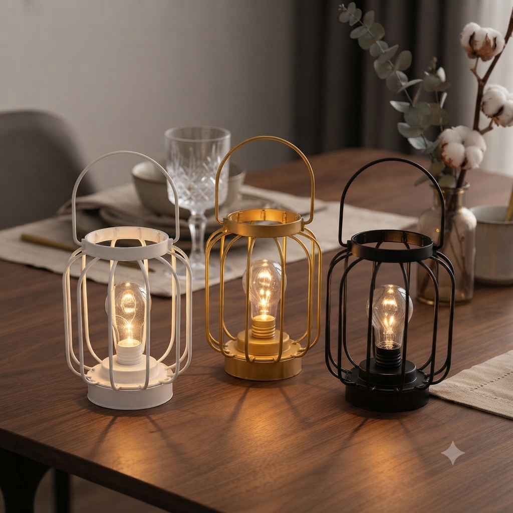 Vintage Metal Wire Cage LED Table Lantern – Decorative Battery-Operated Night Light
