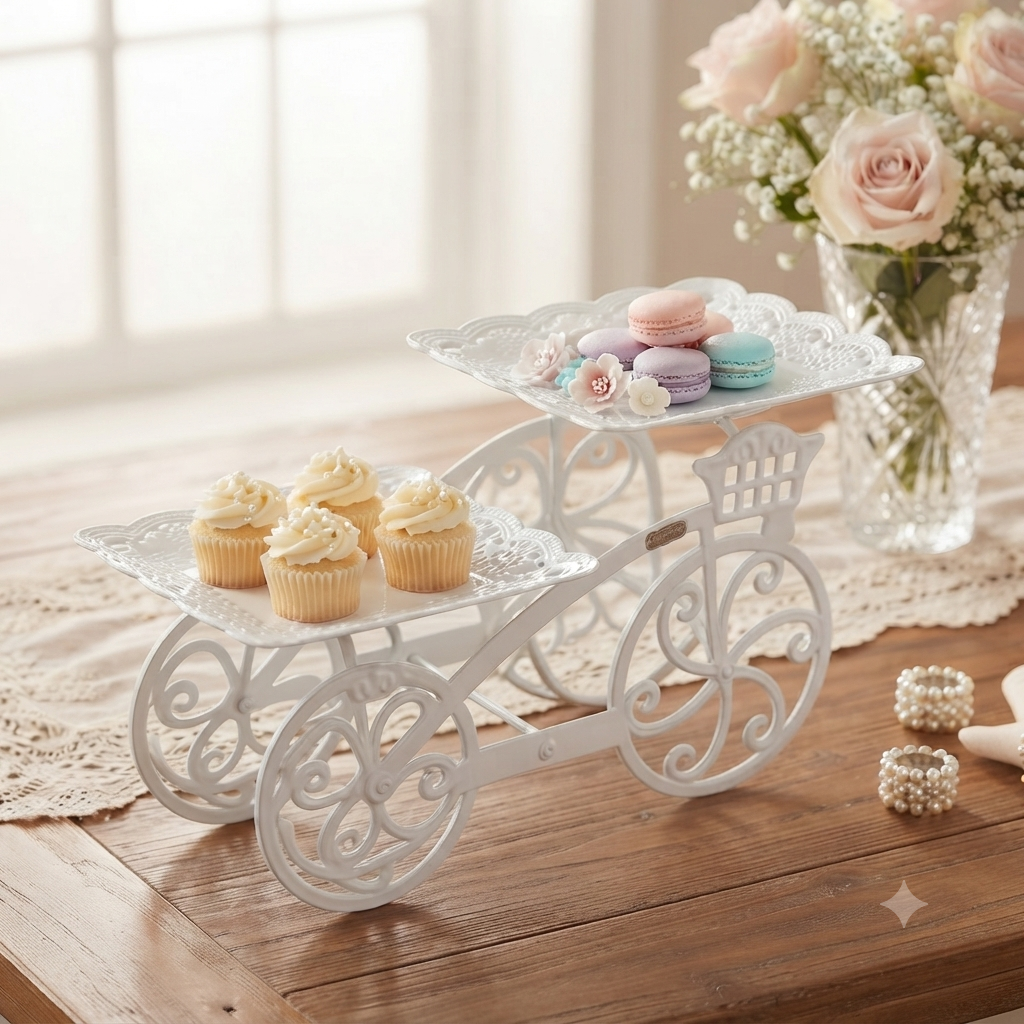Decorative Bicycle Cupcake Stand – White Plastic 2-Tier Dessert & Pastry Display Holder