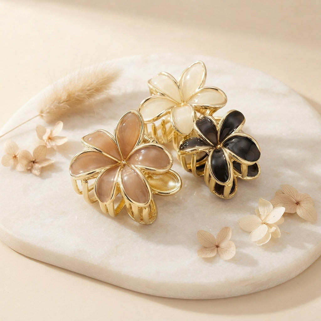 Gold-Trimmed Flower Hair Claw Clips Set – 3-Piece