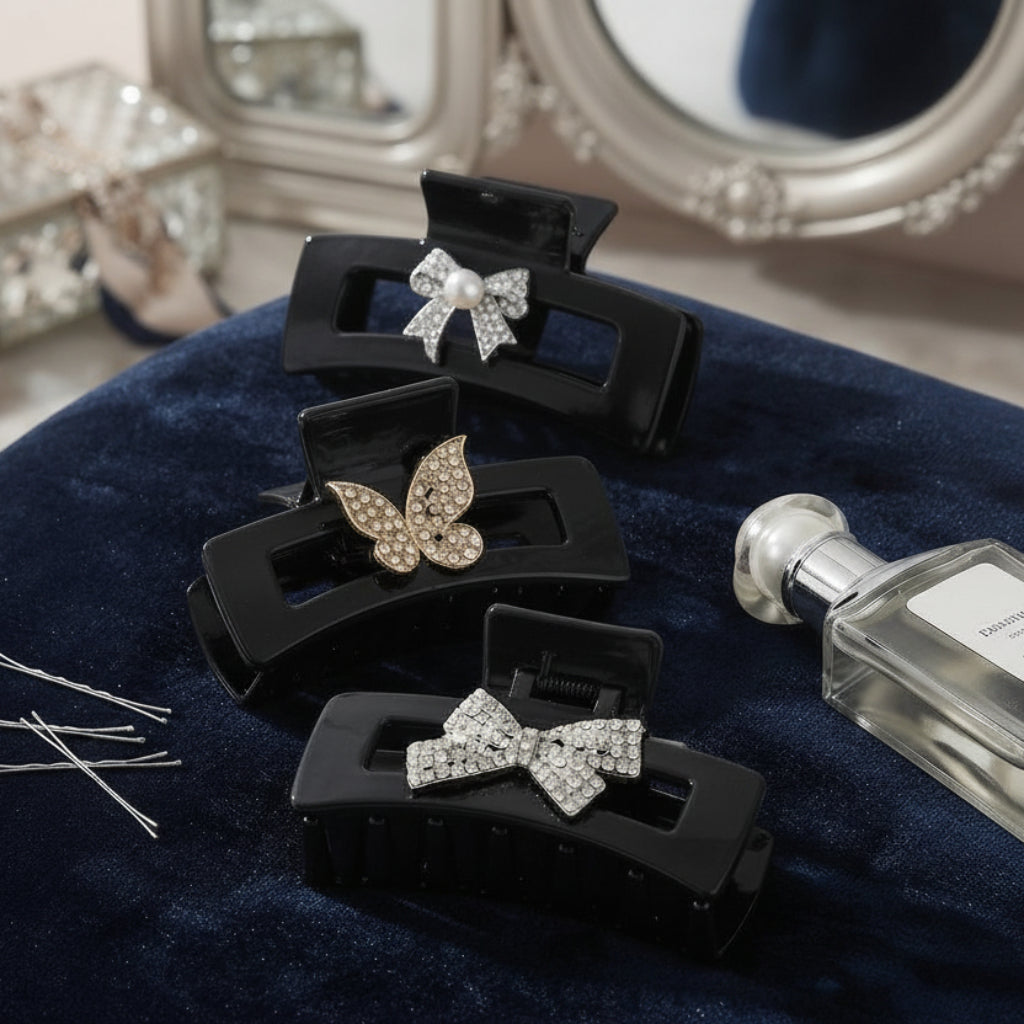 Black Hair Claw Clips Set – 3-Piece