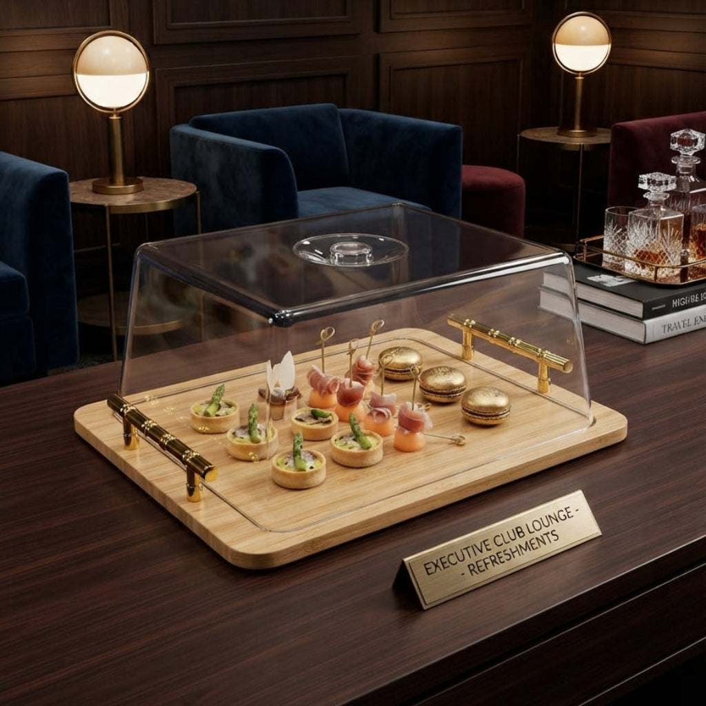 Luxury Wooden Serving Tray with Clear Acrylic Cover – Elegant Food & Snack Display Tray