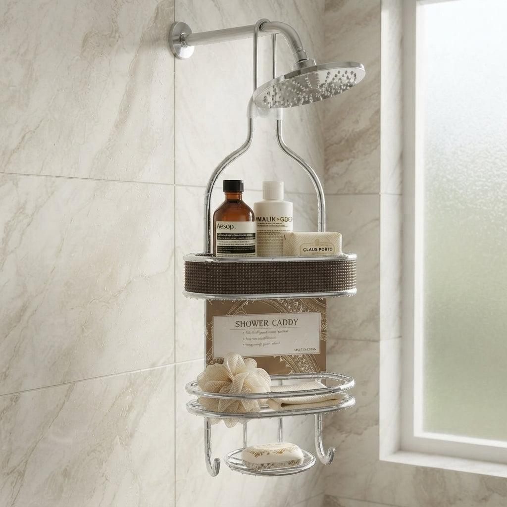 2-Tier Chrome Shower Caddy – Over-the-Shower-Head Organizer with Soap Dish & Hooks