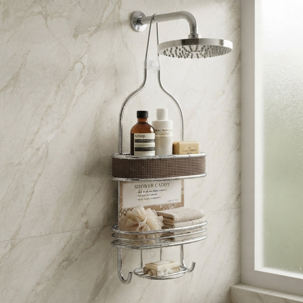 2-Tier Chrome Shower Caddy – Over-the-Shower-Head Organizer with Soap Dish & Hooks