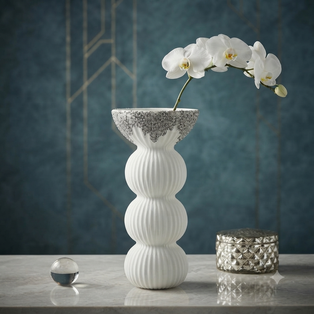 White & Silver Stacked Spheres Decorative Ceramic Vase – Modern Sculptural Home Accent