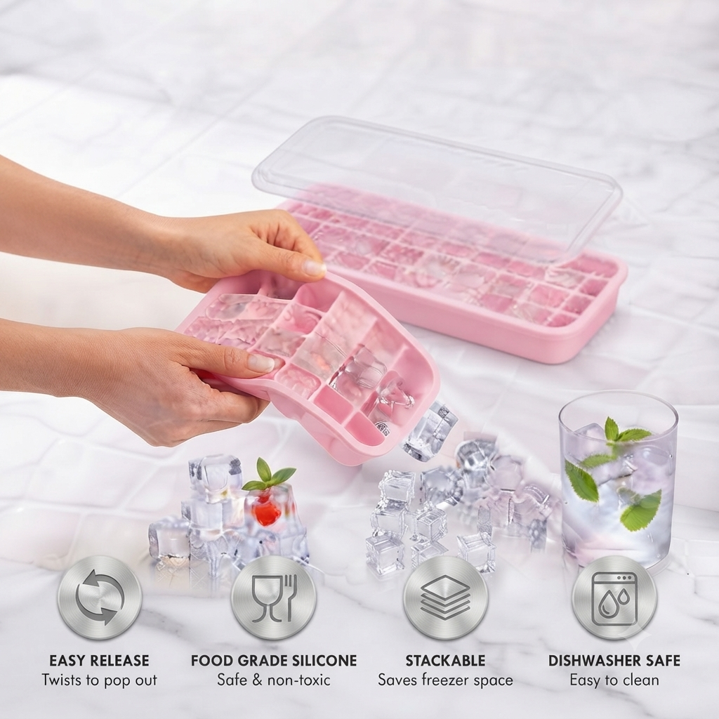 84-Cube Flexible Silicone Ice Tray with Lid – Easy Release Reusable Ice Cube Mold for Freezer & Drinks