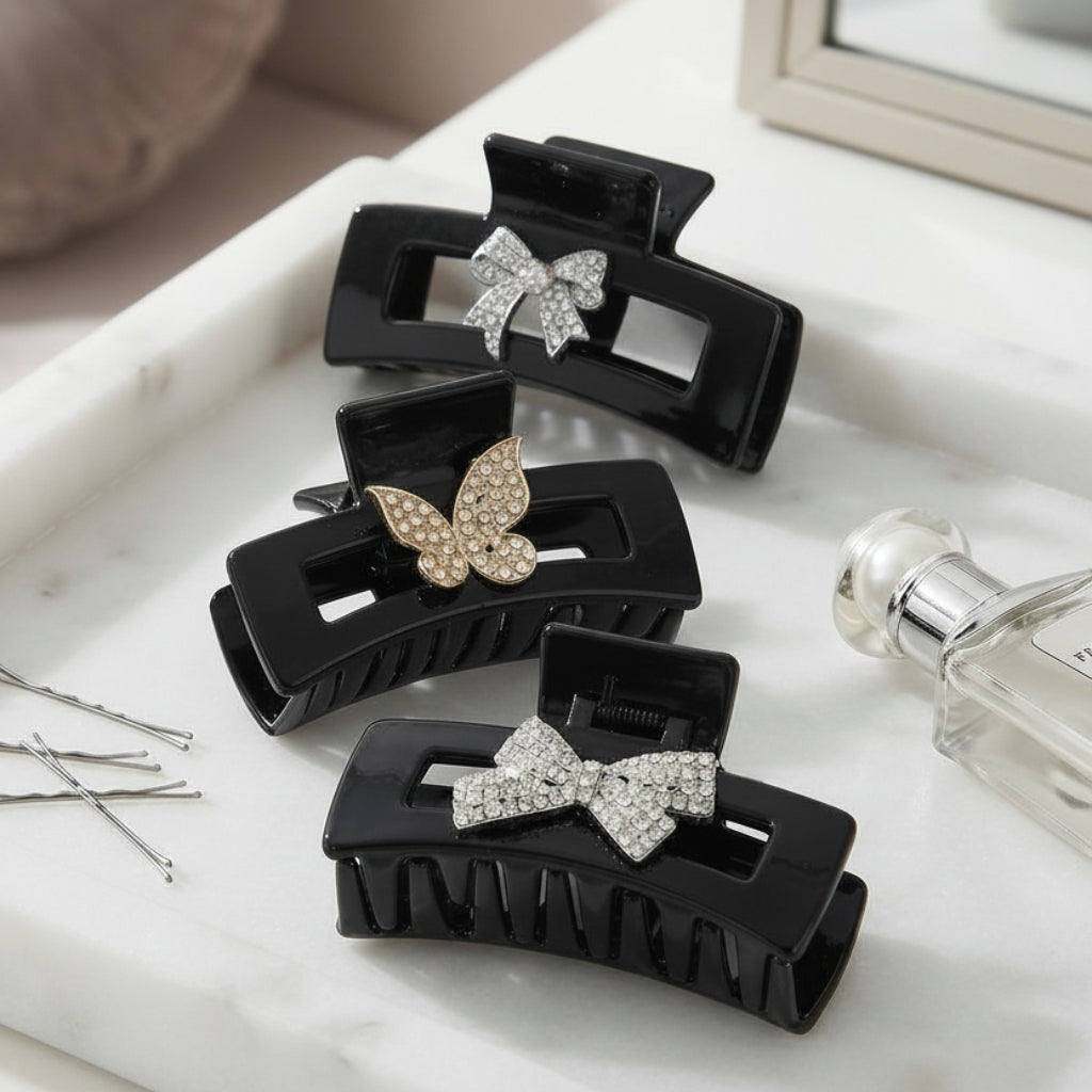 Black Hair Claw Clips Set – 3-Piece