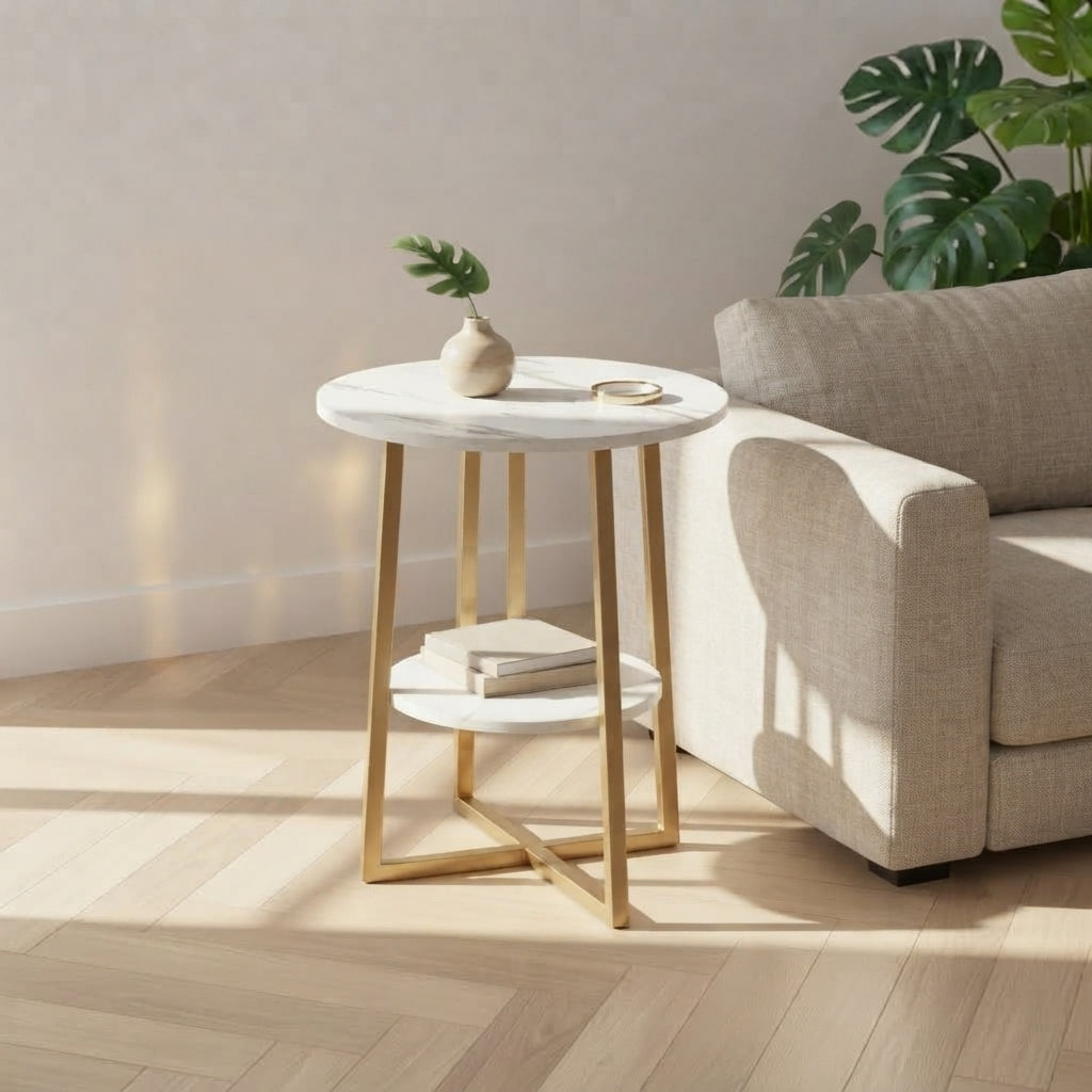 Double-Layer Golden Wooden Side Table