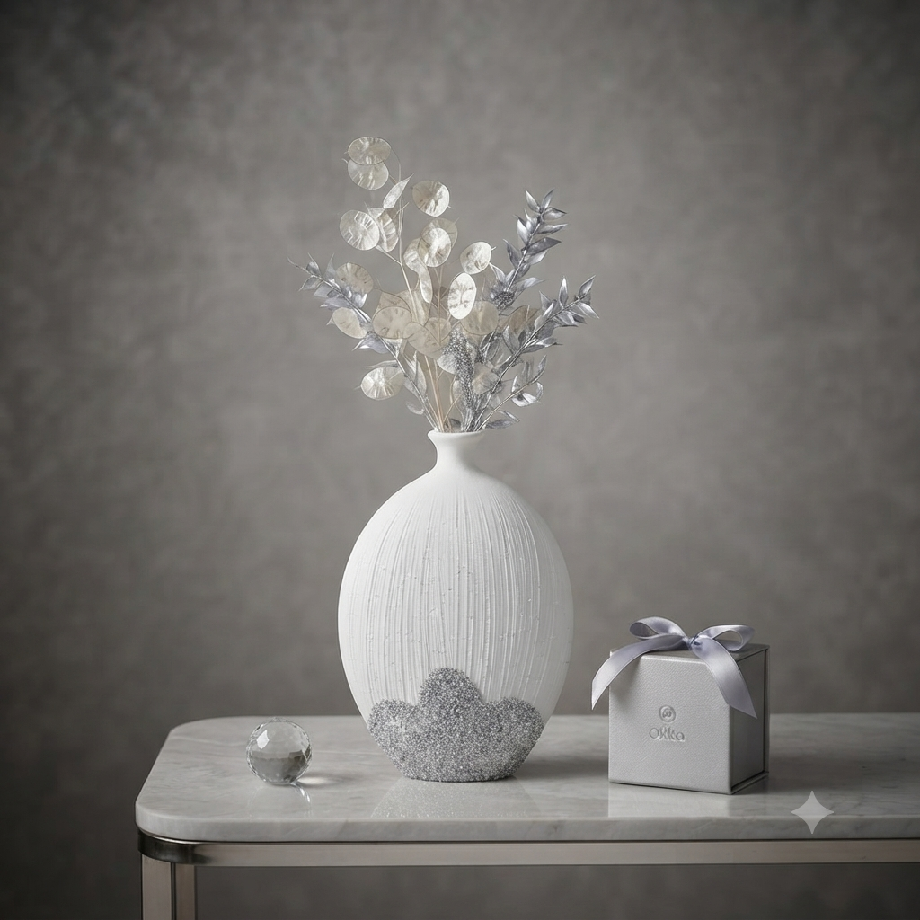 White & Silver Oval Textured Ceramic Vase – Modern Decorative Home Accent
