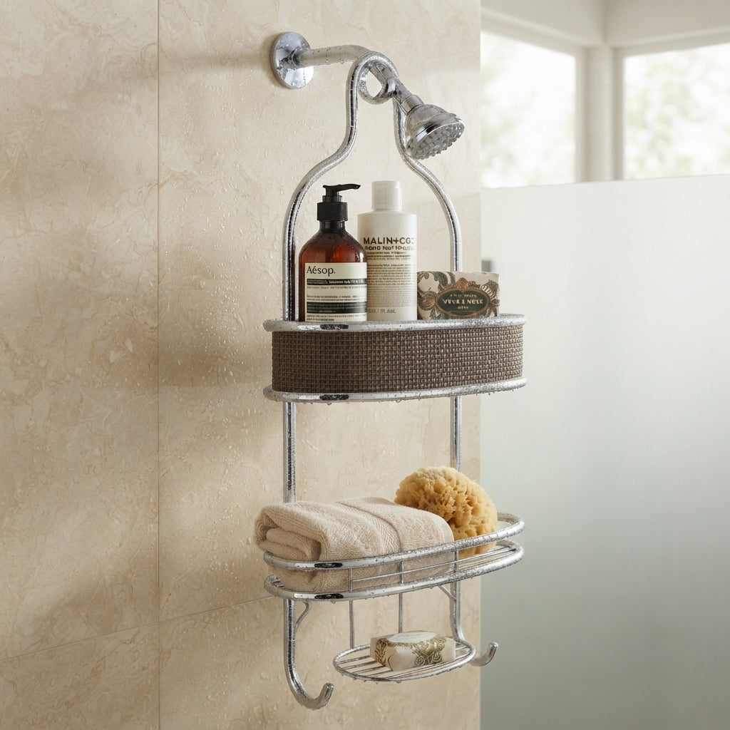 2-Tier Chrome Shower Caddy – Over-the-Shower-Head Organizer with Soap Dish & Hooks