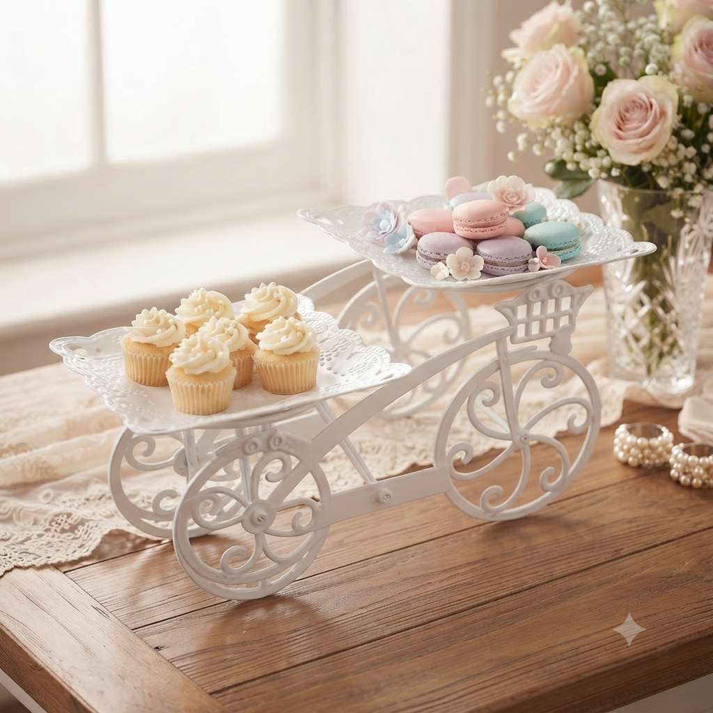Decorative Bicycle Cupcake Stand – White Plastic 2-Tier Dessert & Pastry Display Holder