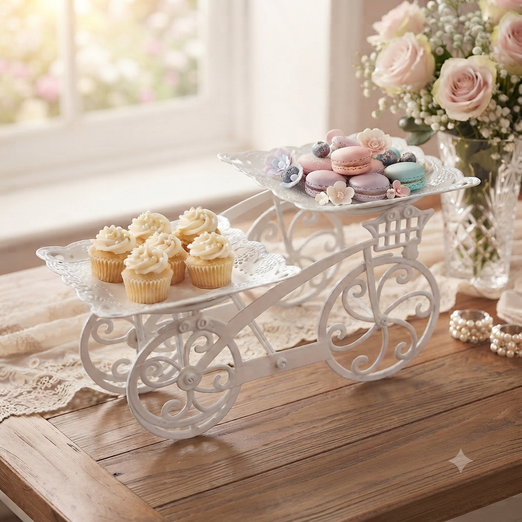 Decorative Bicycle Cupcake Stand – White Plastic 2-Tier Dessert & Pastry Display Holder