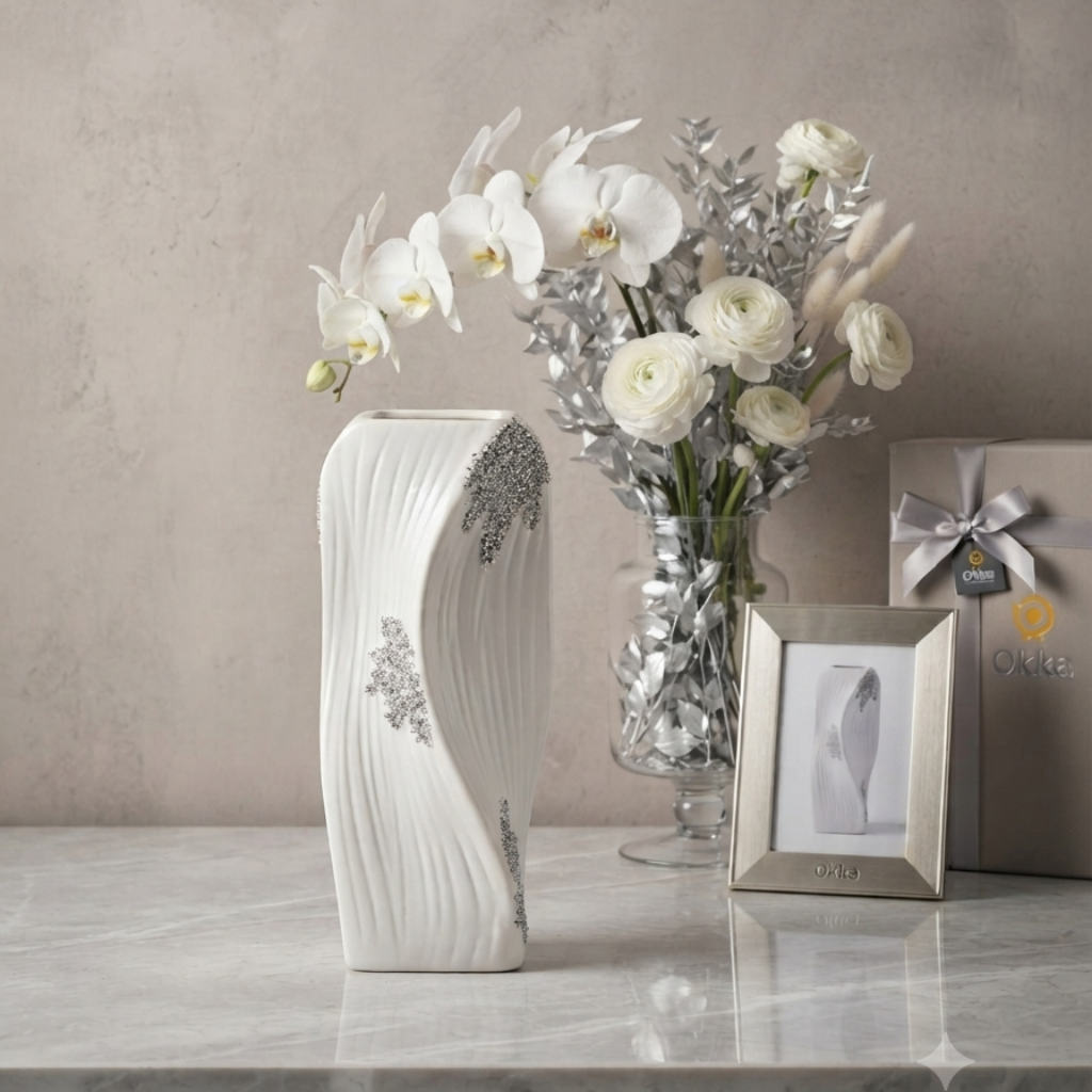 White & Silver Abstract Curved Ceramic Vase – Modern Decorative Home Accent