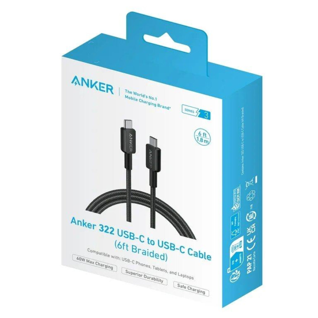 Anker 322 USB-C to USB-C 6ft Braided Cable A81F6H11 - Black