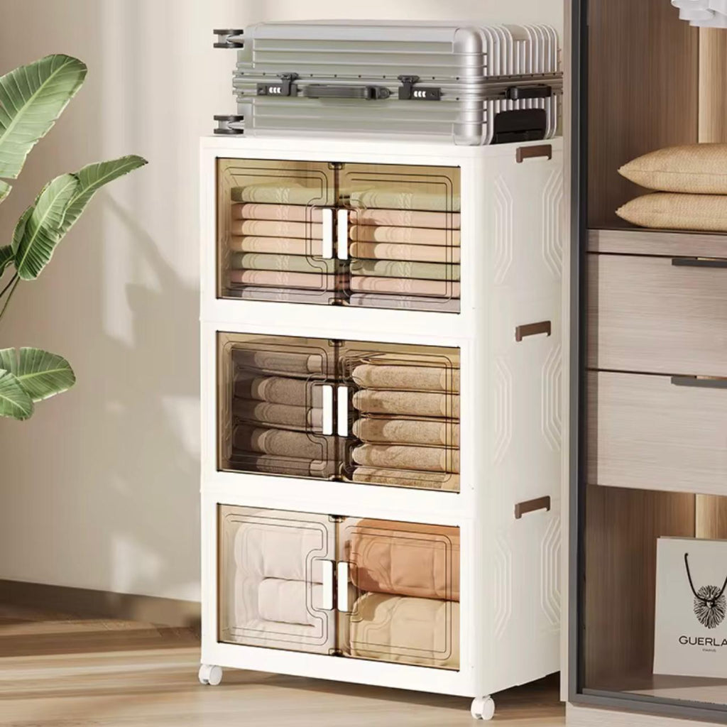 Light Luxury 3 Folding Storage Cabinet  Space Saving, Adjustable Shelf Design for Bedroom, Office, Heavy-Duty Plastic with Wheels, Multi-Purpose Organizer | Modern Folding Cabinet |Storage Organizer for Bedroom