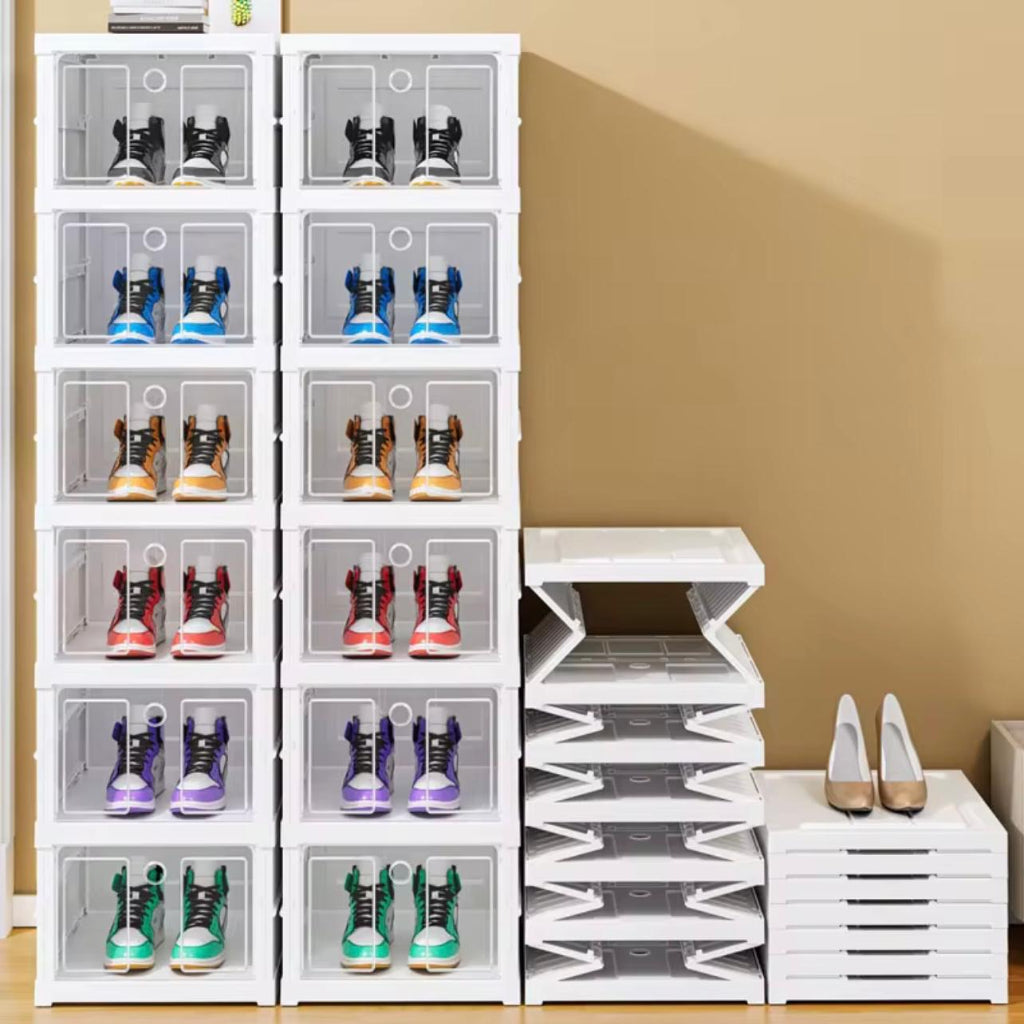 Stackable 6 Foldable Shoe Storage Cabinet - Plastic Sneaker Organizer with Clear Drawers, Space-Saving Design for Entryway, , Dorm - Multi-Purpose Home Organization for Men & Women, Shoe Storage Organizer, Easyinstall Unit..
