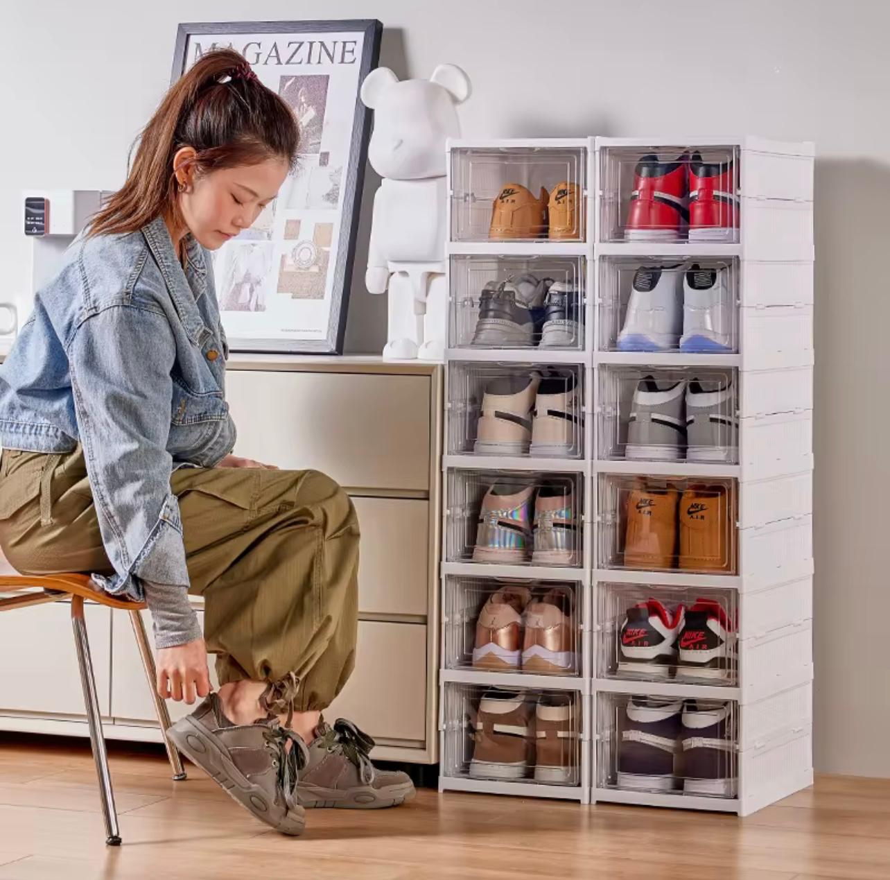 خزانة تخزين أحذية قابلة للتكديس مكونة من 6 طيات - منظم أدراج شفاف