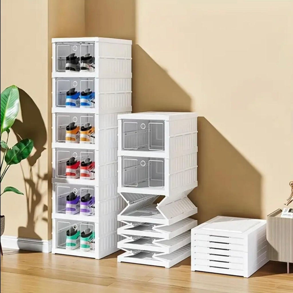 Stackable 6 Foldable Shoe Storage Cabinet - Plastic Sneaker Organizer with Clear Drawers, Space-Saving Design for Entryway, , Dorm - Multi-Purpose Home Organization for Men & Women, Shoe Storage Organizer, Easyinstall Unit..