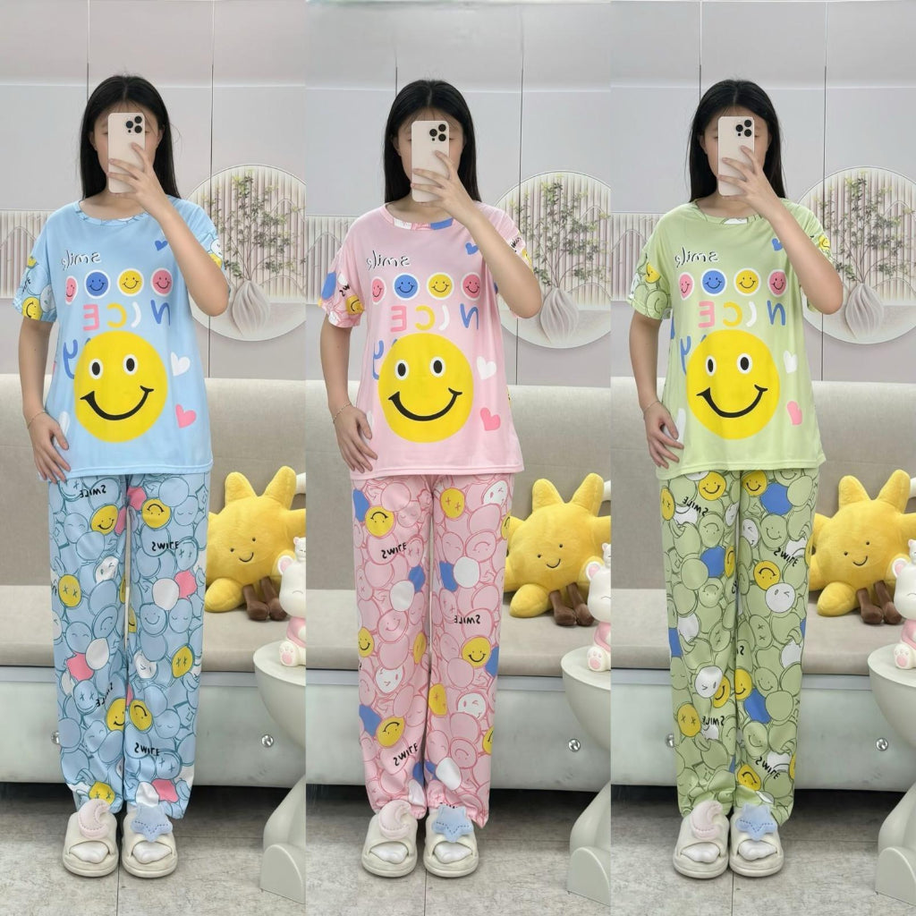 Free Size 2 pcs Pajama Set, Bedroom Outfit Comfortable And Breathable Casual Home Clothes Stitch Smile  Print Includes Short-Sleeved Top,Long Pants,