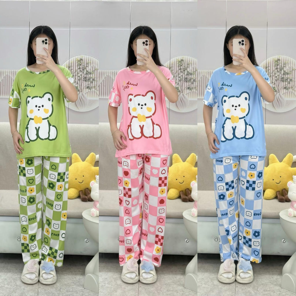 Free Size 2 pcs Pajama Set, Bedroom Outfit Comfortable And Breathable Casual Home Clothes Stitch Animal  Print Includes Short-Sleeved Top,Long Pants,