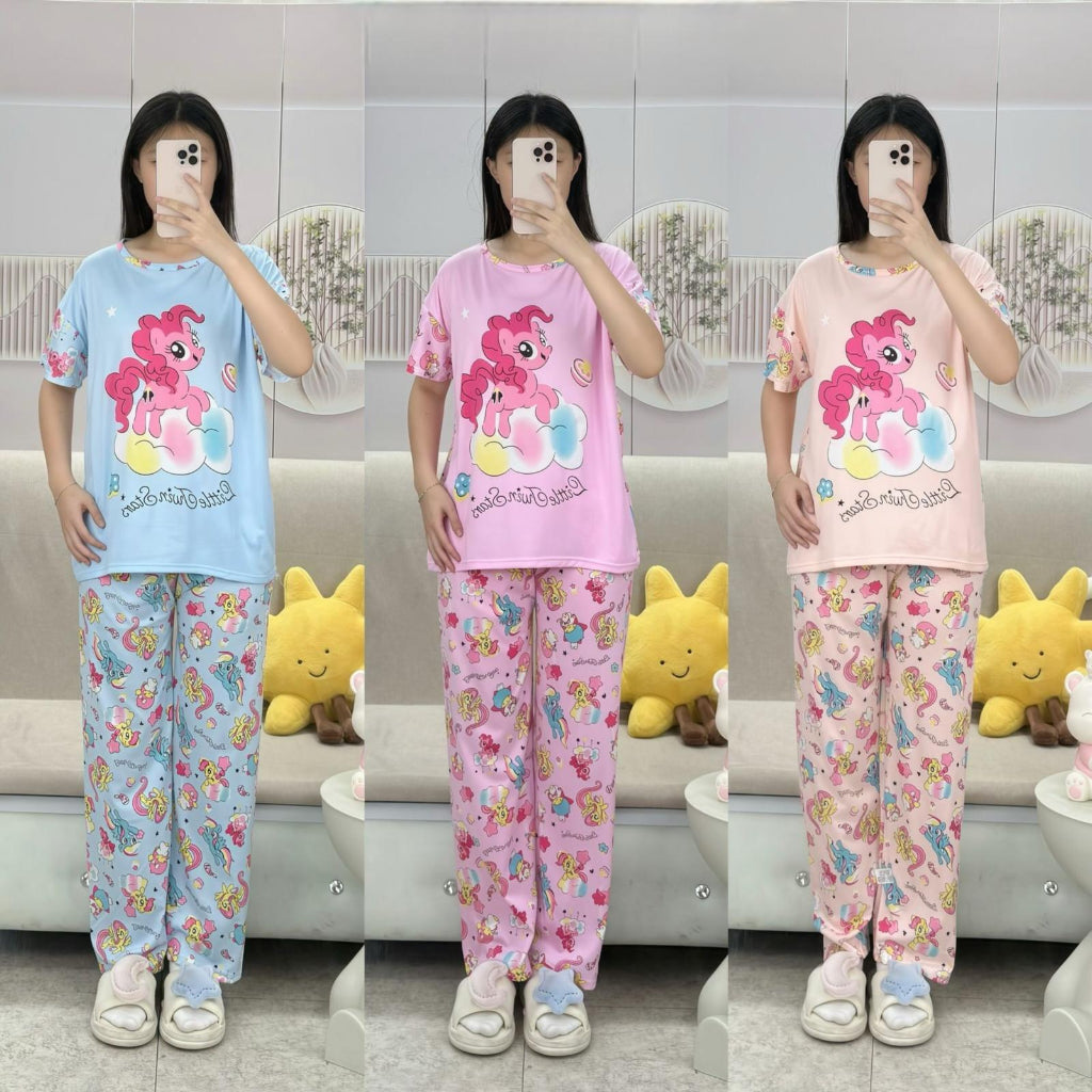 Free Size 2 pcs Pajama Set, Bedroom Outfit Comfortable And Breathable Casual Home Clothes Stitch Unicorn Print Includes Short-Sleeved Top,Long Pants,