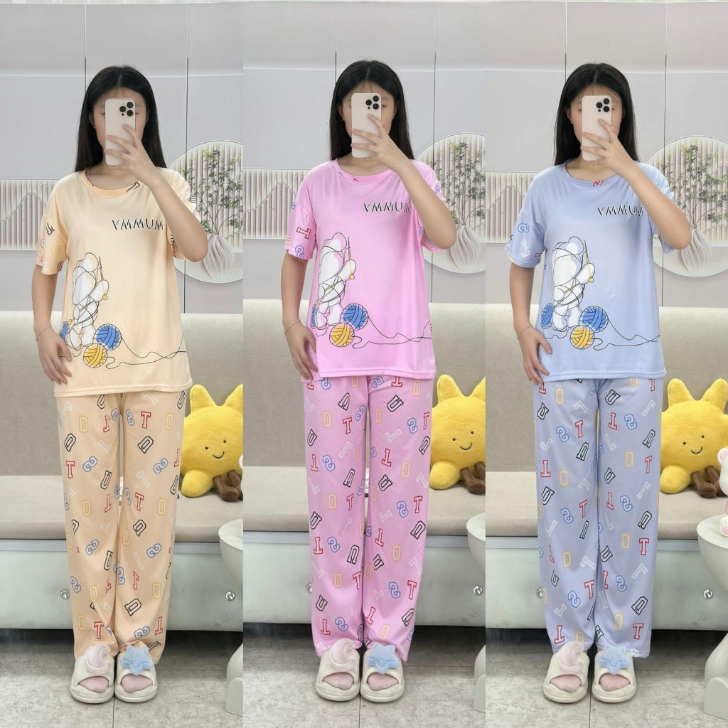Free Size 2 pcs Pajama Set, Bedroom Outfit Comfortable And Breathable Casual Home Clothes Stitch Animal Print Includes Short-Sleeved Top,Long Pants,